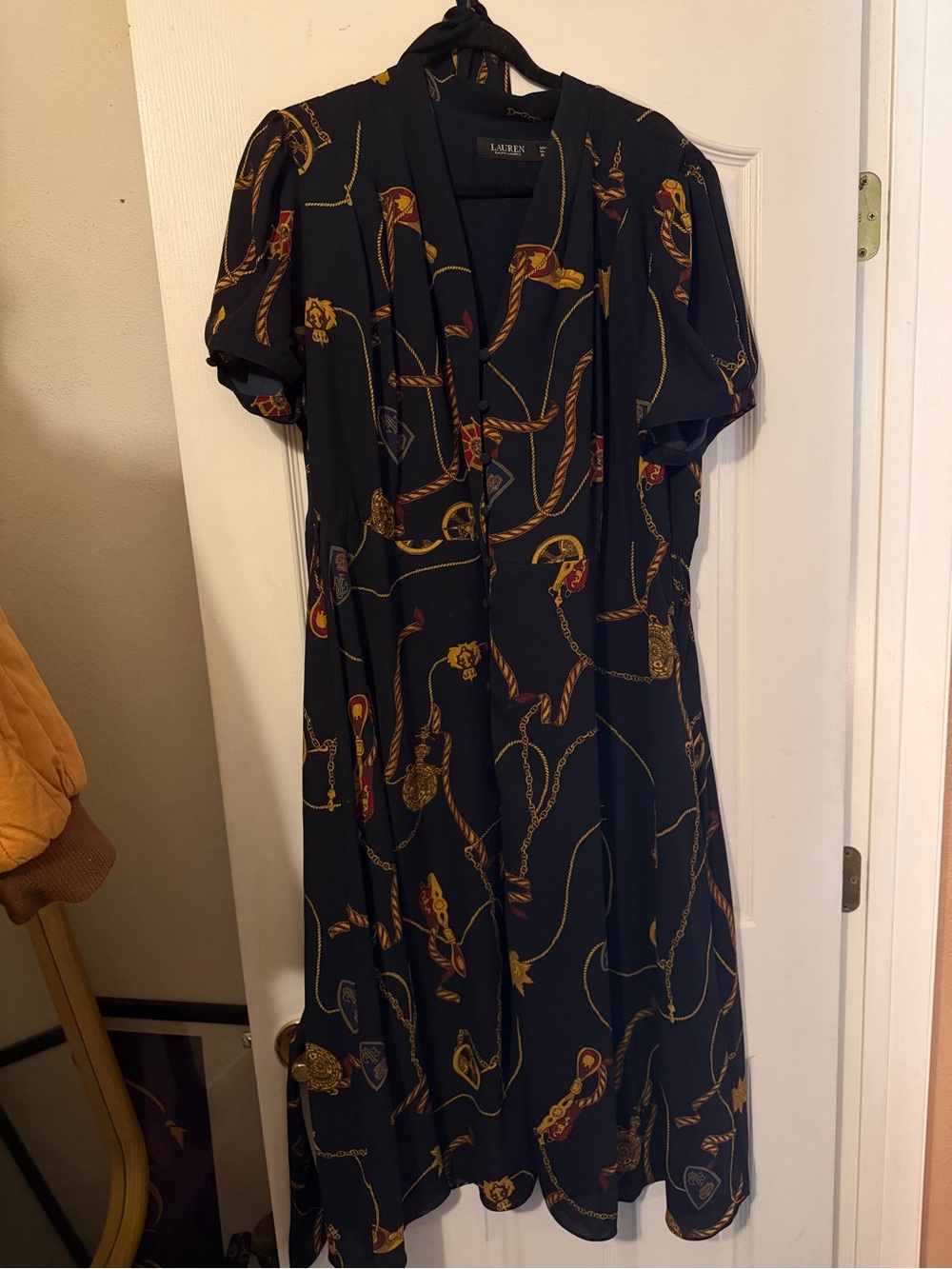 Ralph Lauren Navy Midi Dress with Gold and Red Chain Print